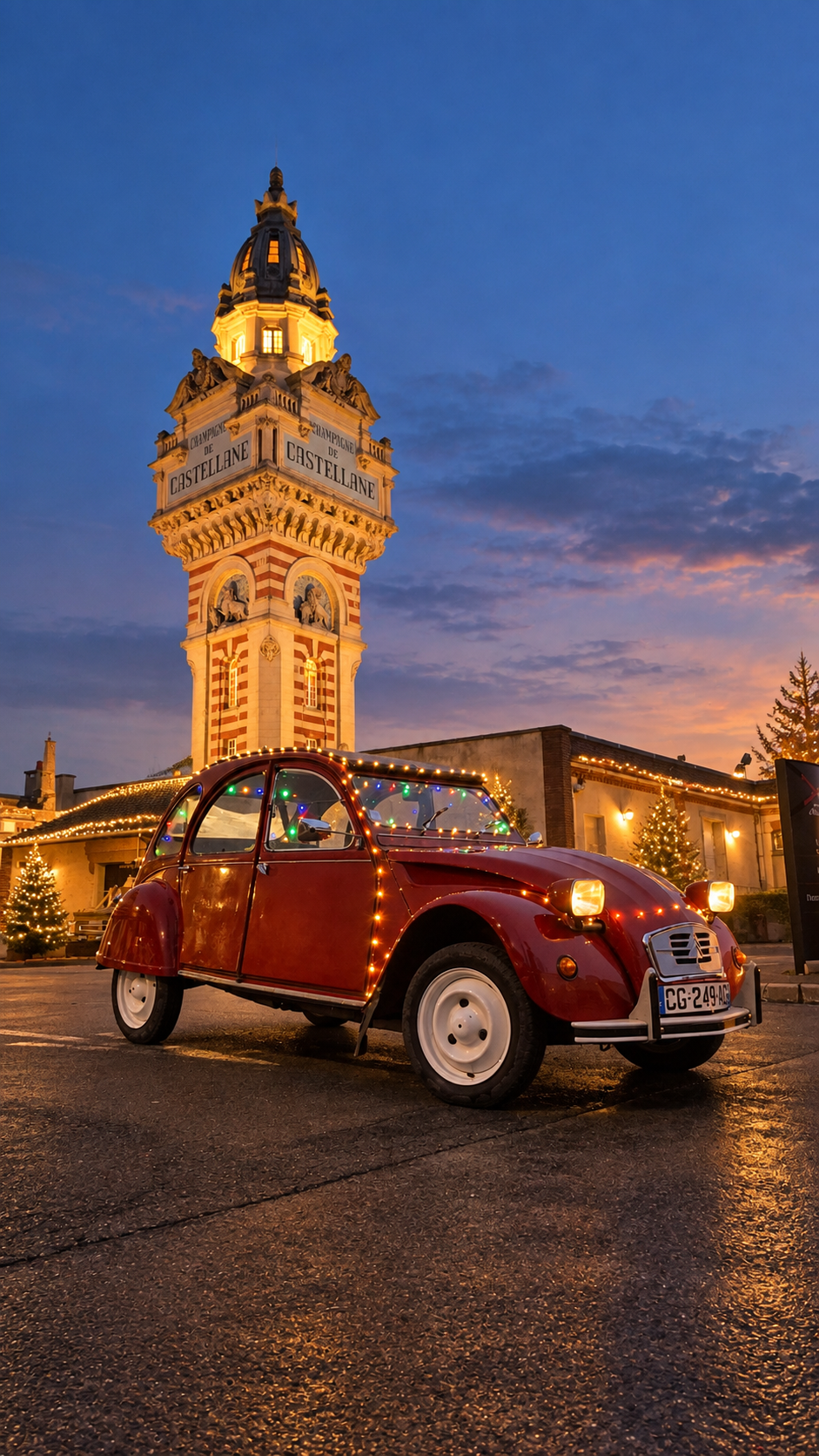 2CV rouge devant la tour Castellane en fête